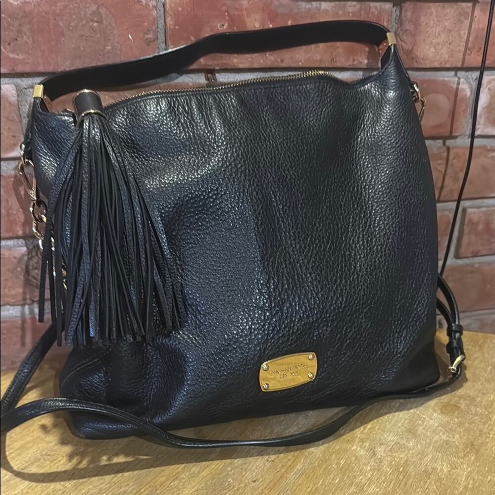 MICHAEL Michael Kors Black Pebbled Leather Tassel Shoulder Bag with Gold Plaque